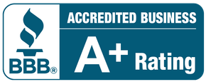 BBB Accredited Business with A+ Rating seal. Blue and white colors.