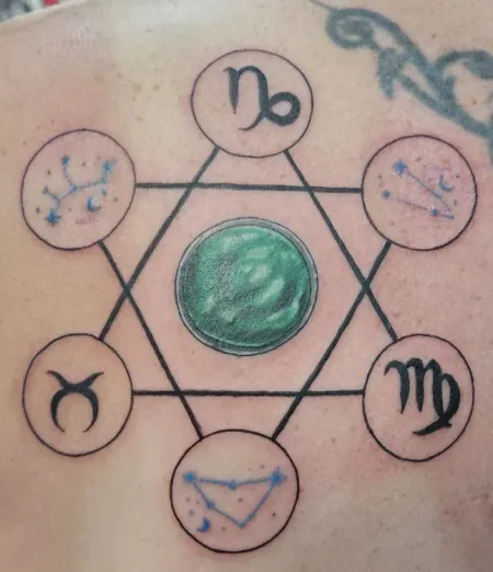 Tattoo of a star of David with zodiac symbols and a green center stone.