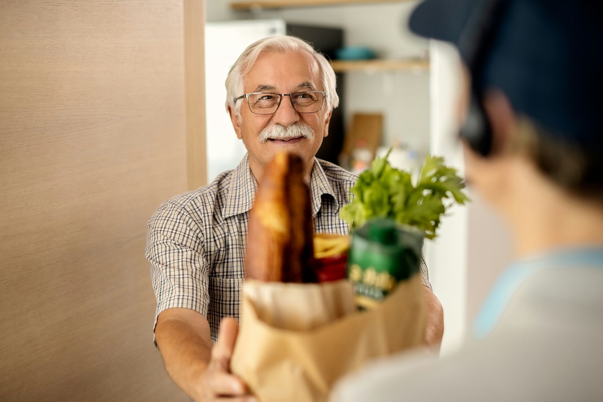 An elderly man is receiving a bag of groceries from a delivery man.