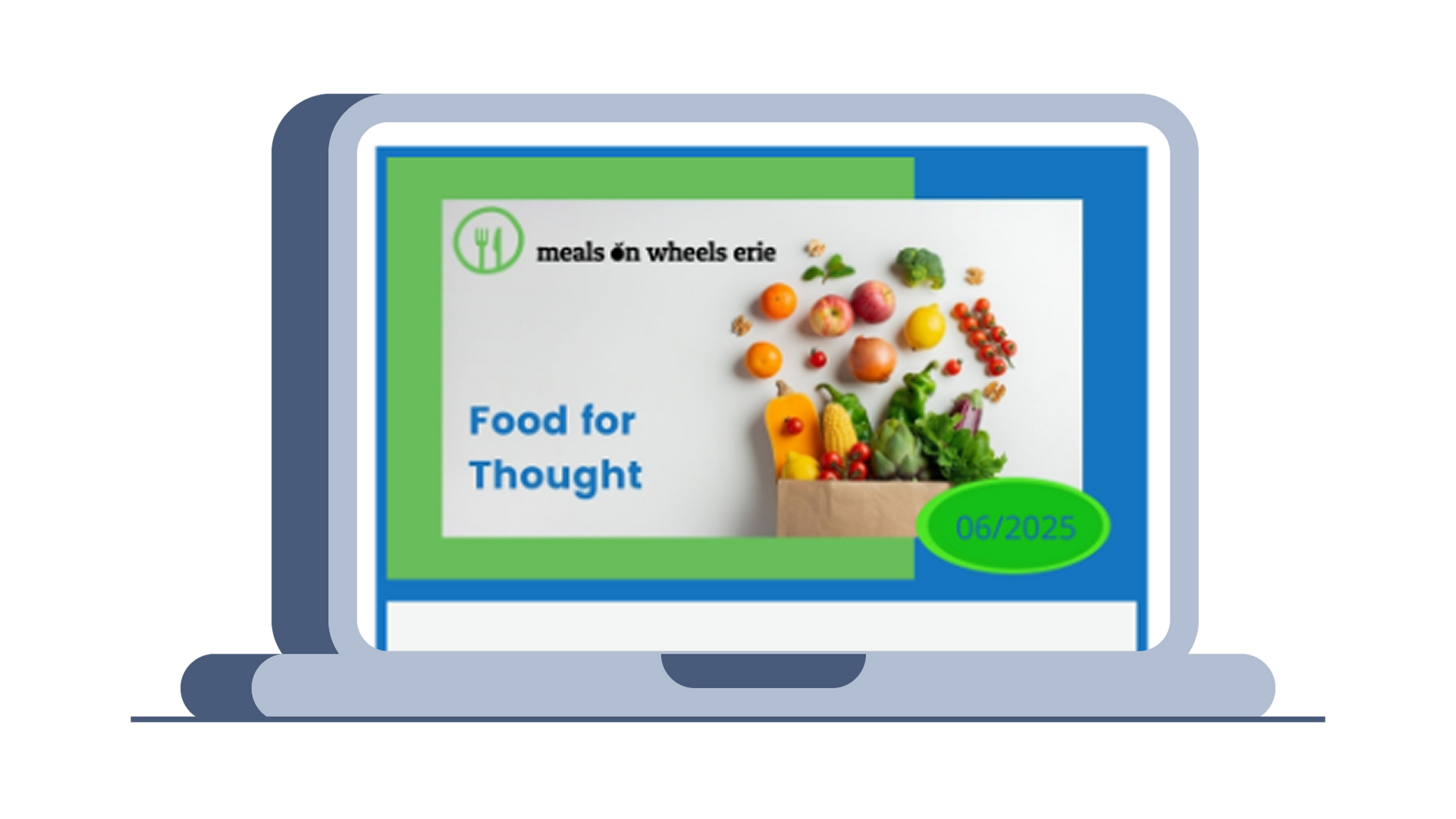 A laptop computer with a picture of fruits and vegetables on the screen.