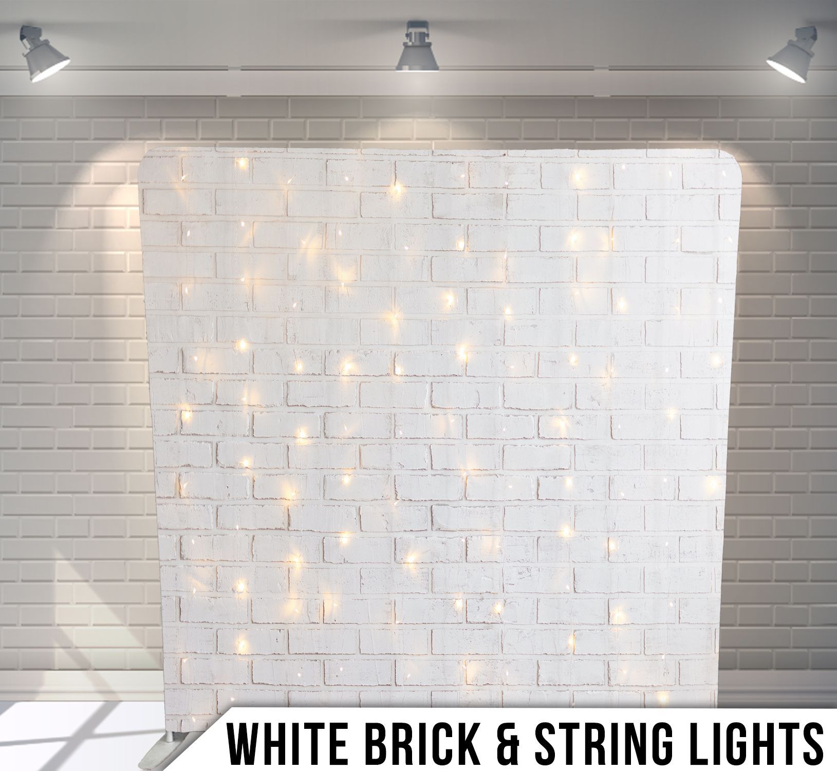 white brick and string lights background for photobooth