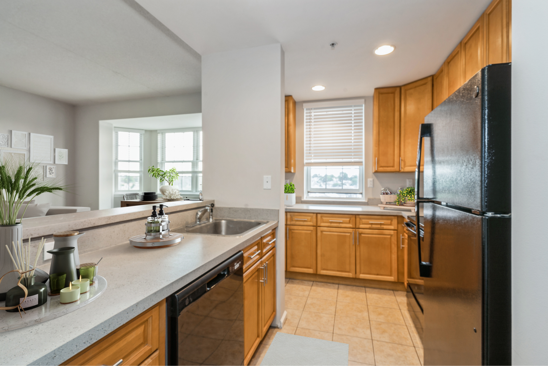 Open kitchen with light wood cabinets, a stainless steel fridge, and a double sink Parc at Lyndhurst in Lyndhurst, NJ.