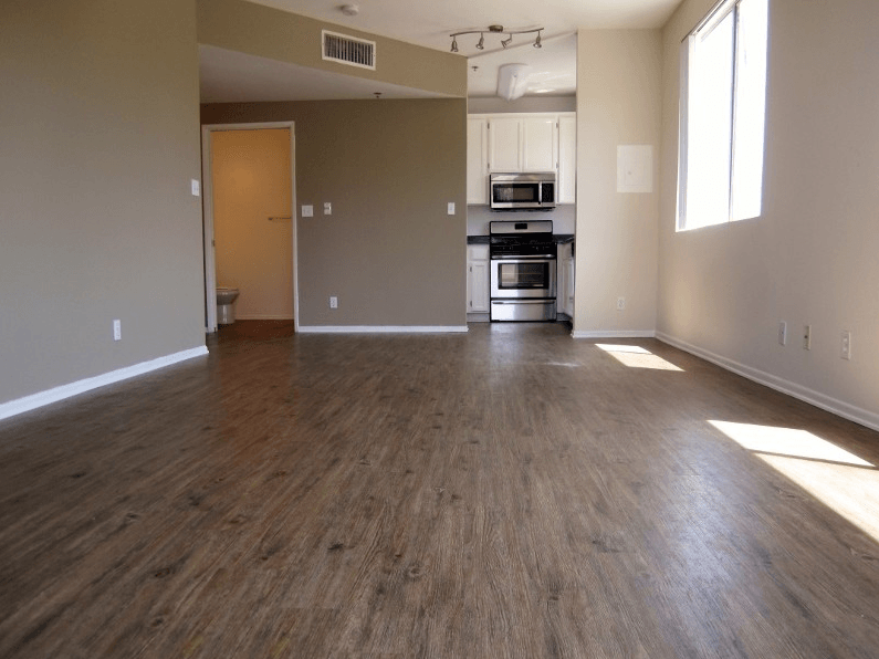 full view of living room with kitchen in background