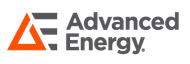 A logo for advanced energy with an orange triangle on a white background.
