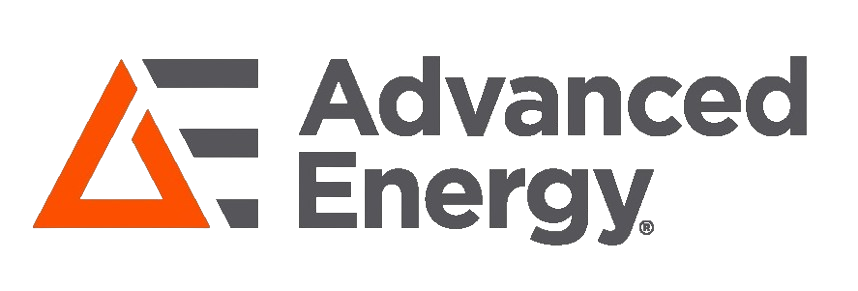 A logo for advanced energy with an orange triangle on a white background.