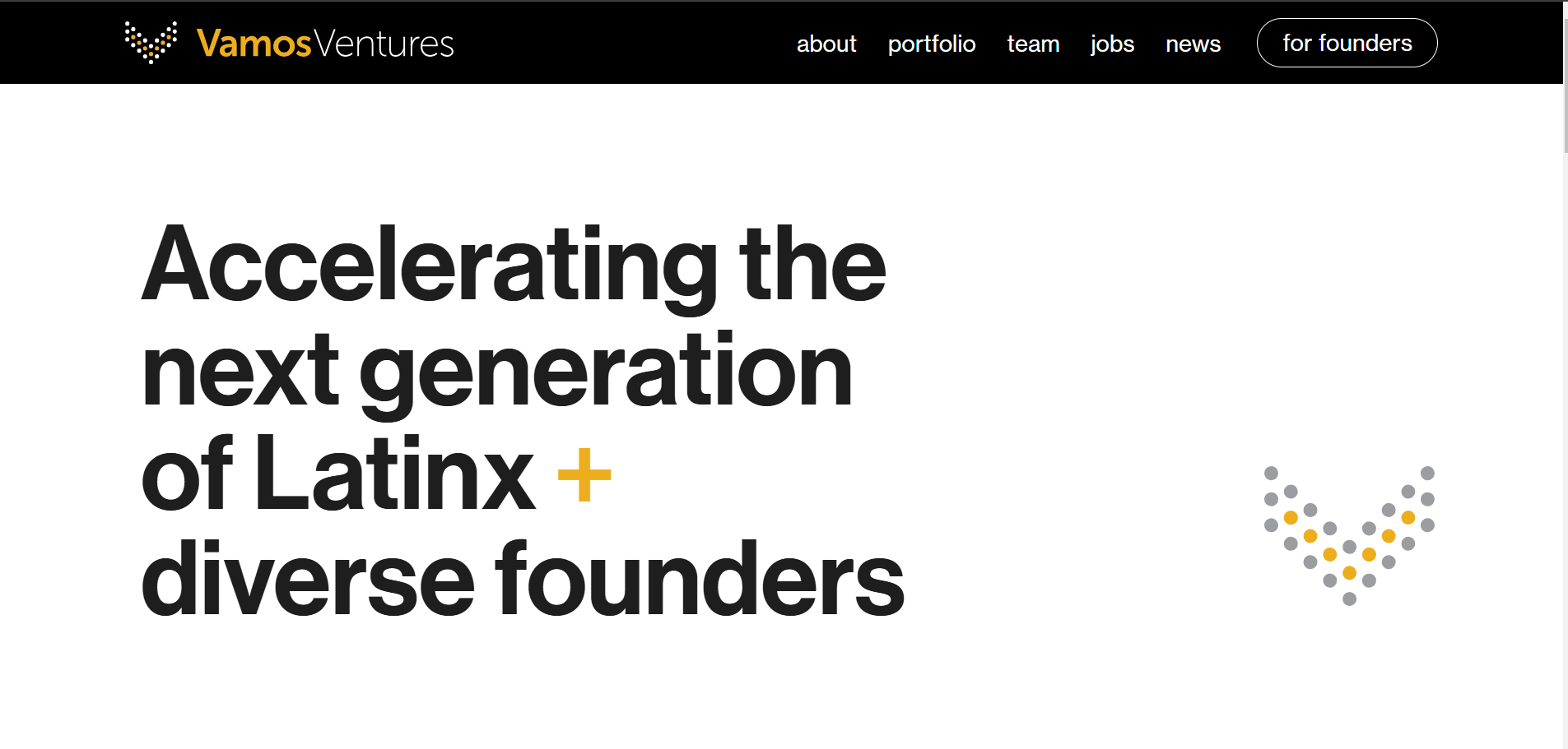 Website homepage for Vamos Ventures for Poderoso Media article on 10 Latino Venture Capital Firms Supporting Latino Founders. 