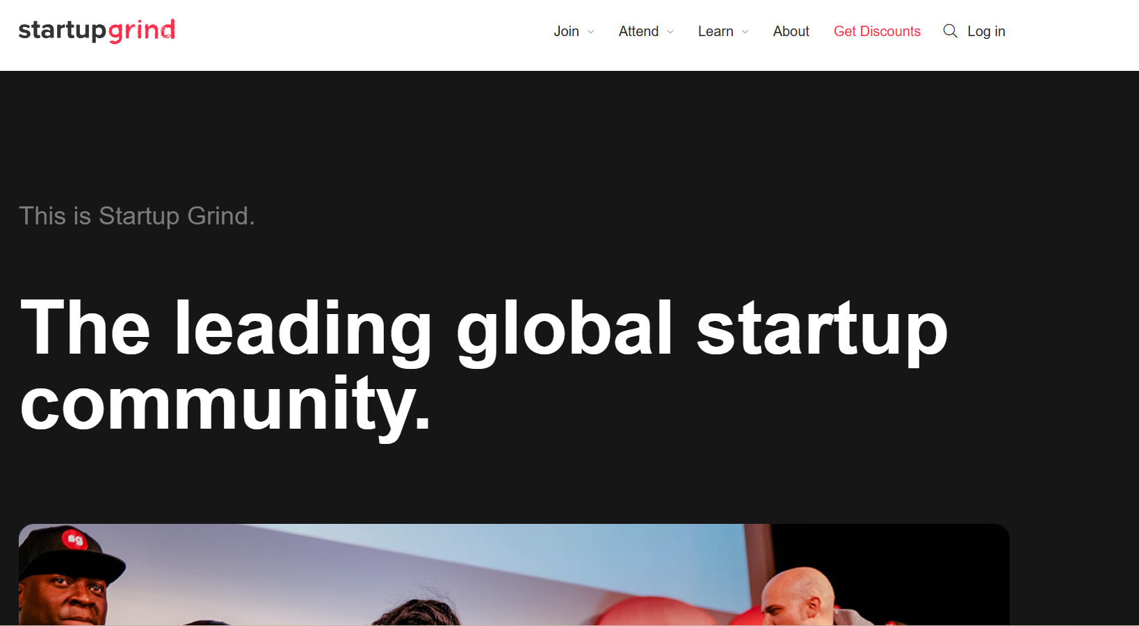 Screenshot of Startup Grind website with text saying, 'the leading global startup community.' 