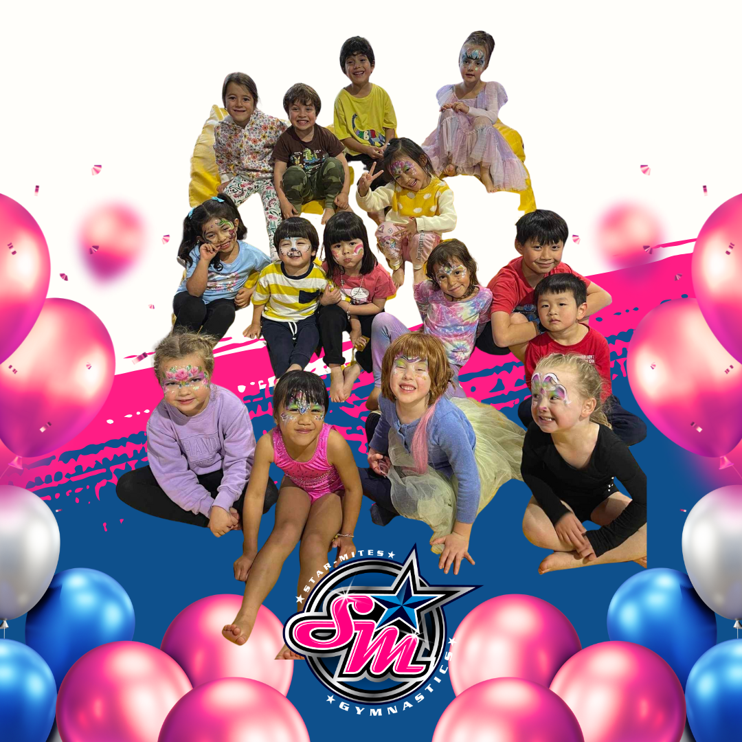 Group of children with face paint, balloons, and a logo.