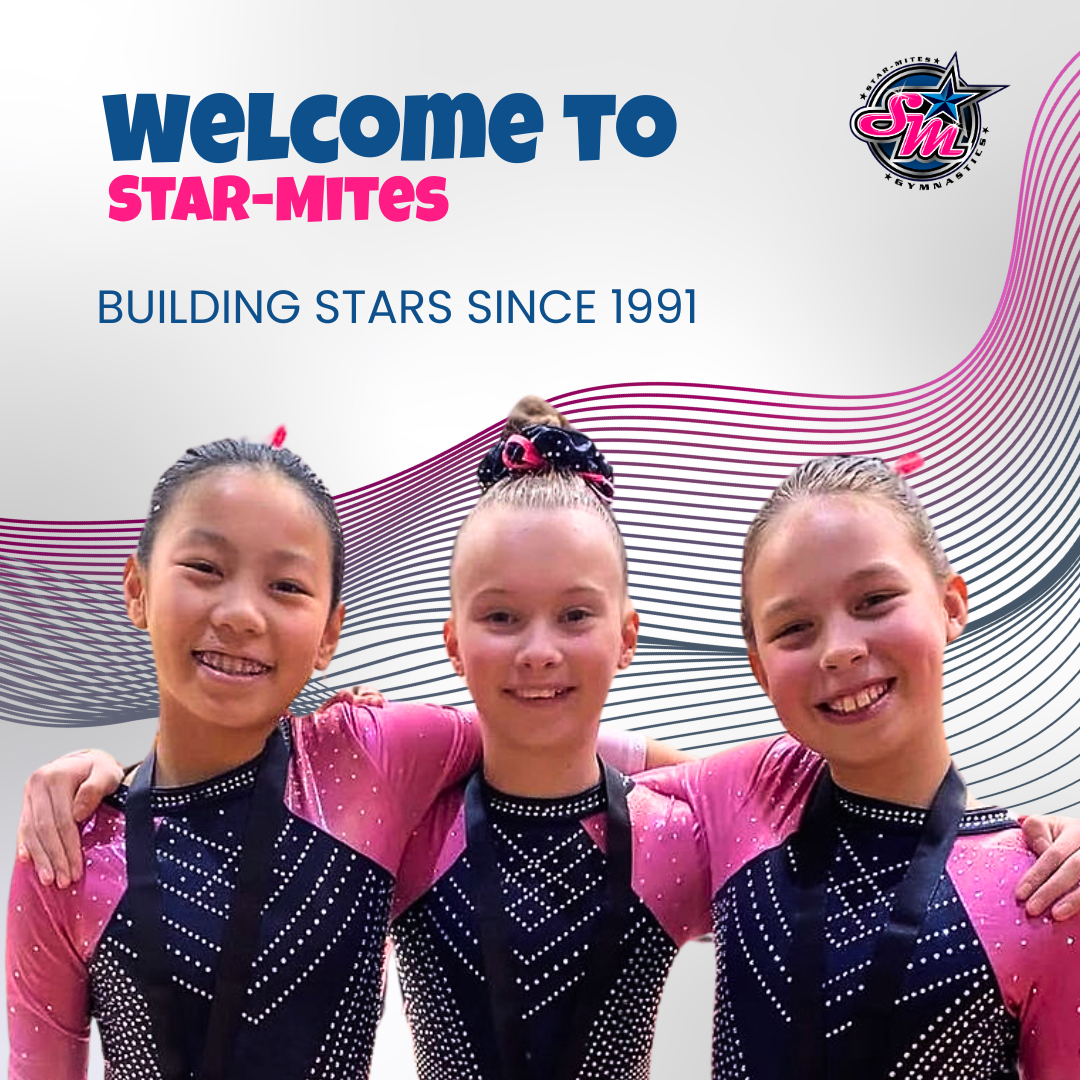 Three young gymnasts in pink leotards smile, arms around each other.