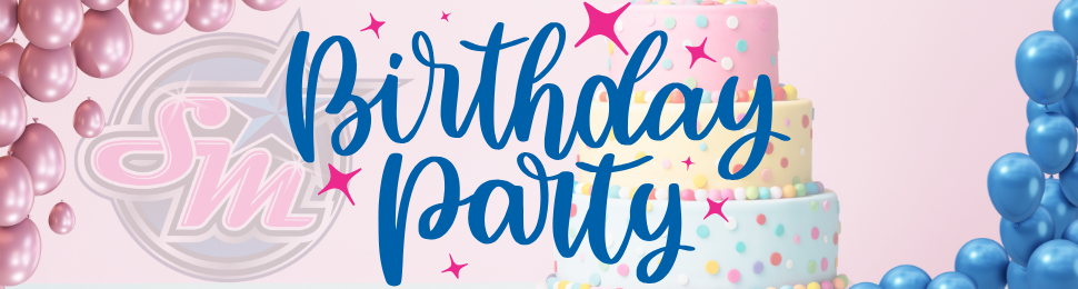 Birthday Party banner with blue and pink balloons, a cake, and script text.