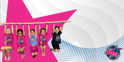 Five young children hanging from a wooden pole. Pink star background and blue halftone pattern.