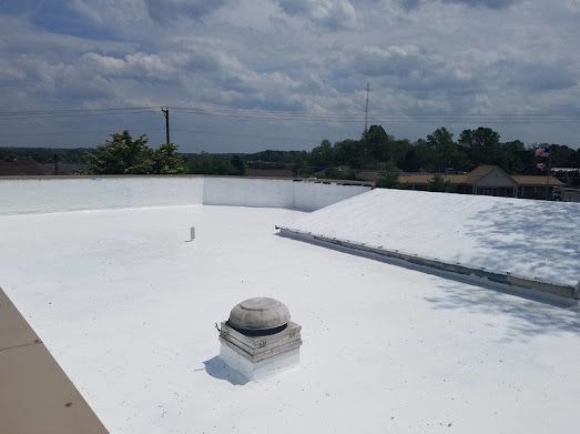 White commercial roof with a slightly cloudy sky.