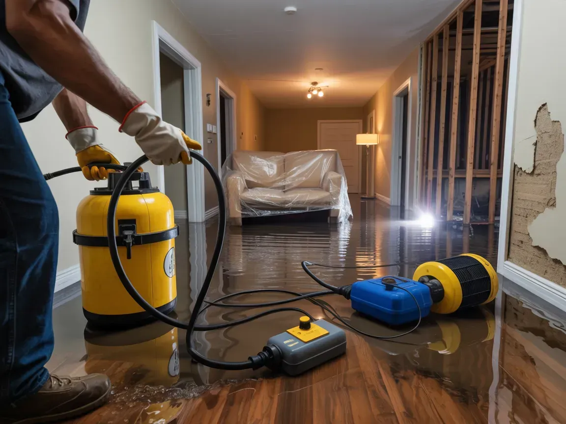 Person using a yellow pump to remove water from a flooded hallway. Damaged wall and furniture covered in plastic are visible.