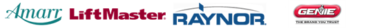Logos for Amarr, LiftMaster, RAYNOR, and Genie.