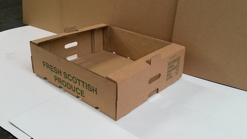 An empty brown cardboard fruit crate