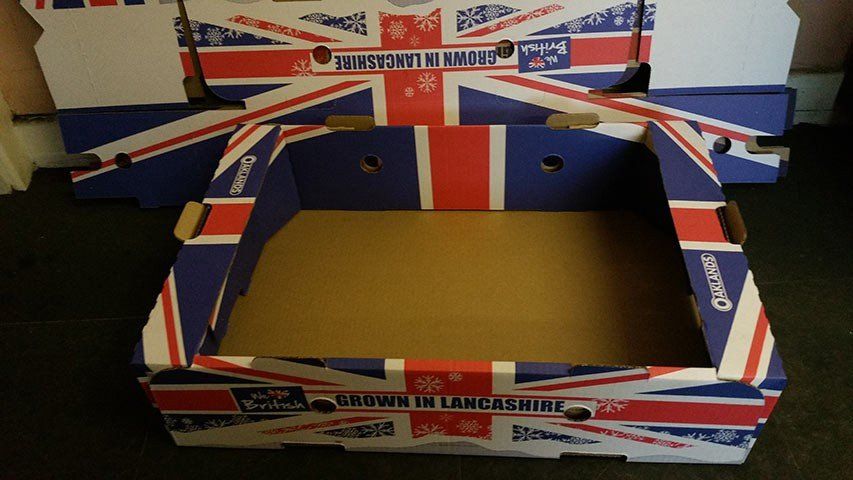 Cardboard fruit crates with a Union Jack design