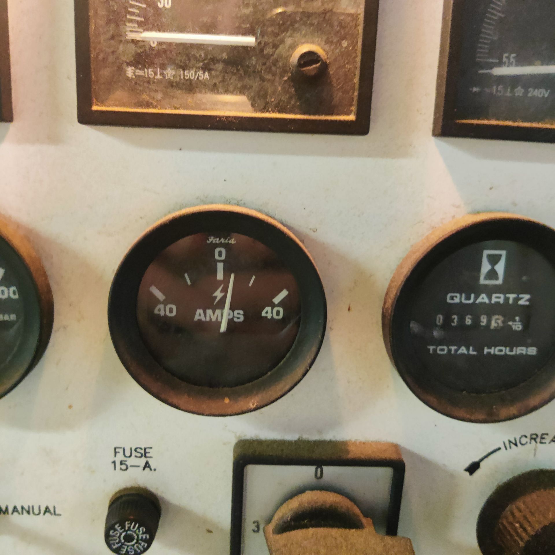 Close-up of an electrical control panel with round ammeter and quartz clock gauges.