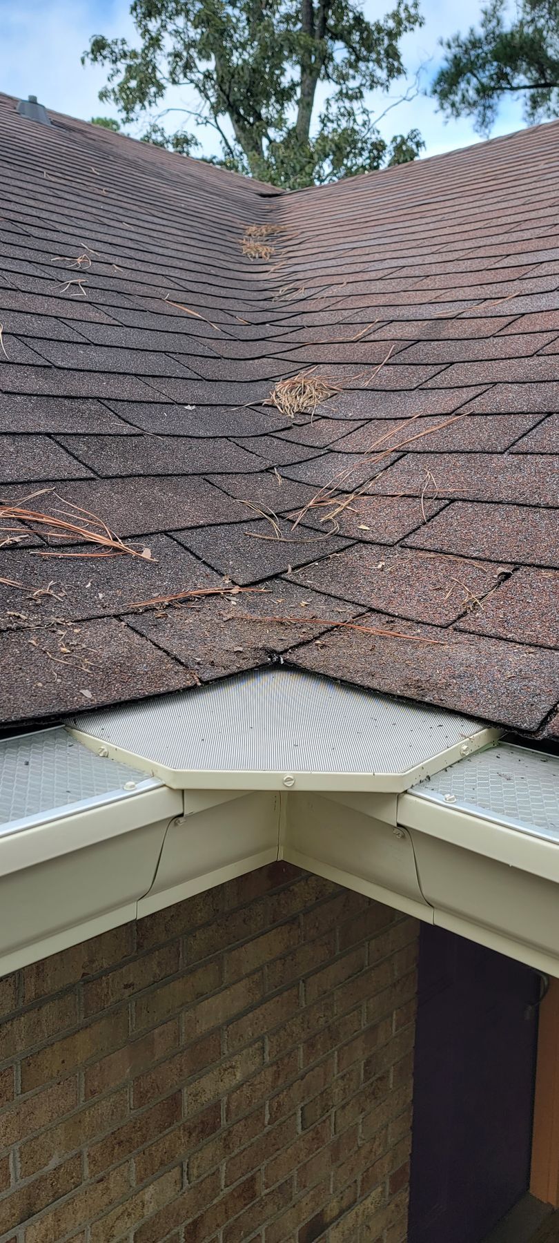 A roof with shingles, gutters, and brick wall.