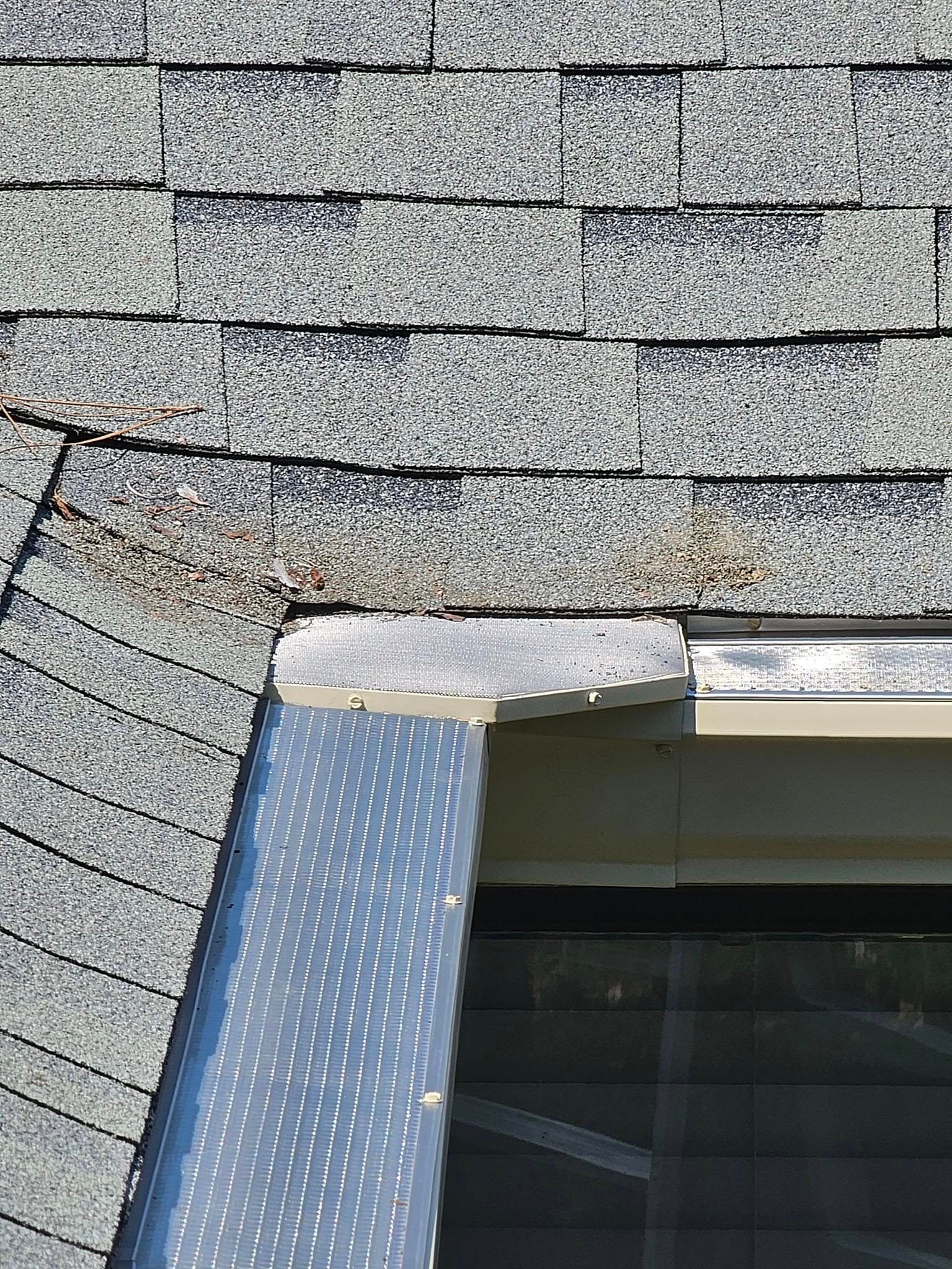 Gray roof shingles meet a gutter with a screen, near a window.
