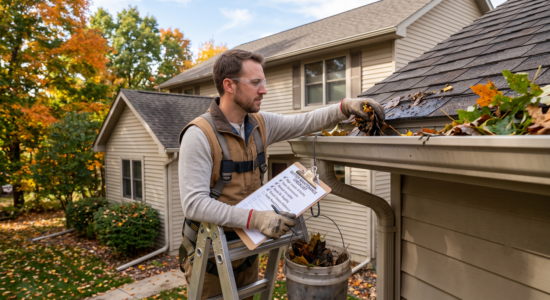 Worker cleaning gutters on a house roof beside autumn trees