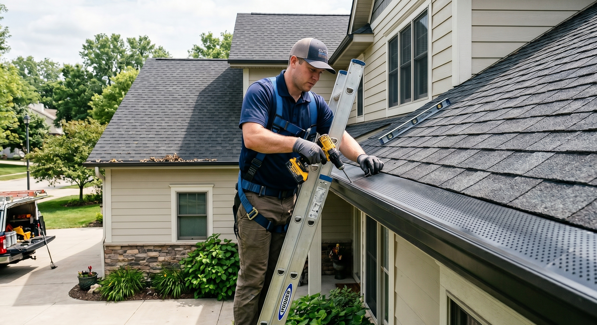 Worker cleaning gutters on a house roof using a ladder and power tool