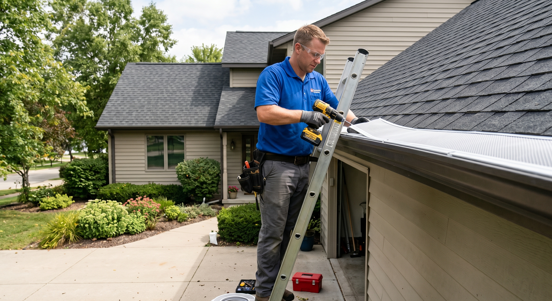 Worker in blue shirt cleaning gutters on a ladder beside a house