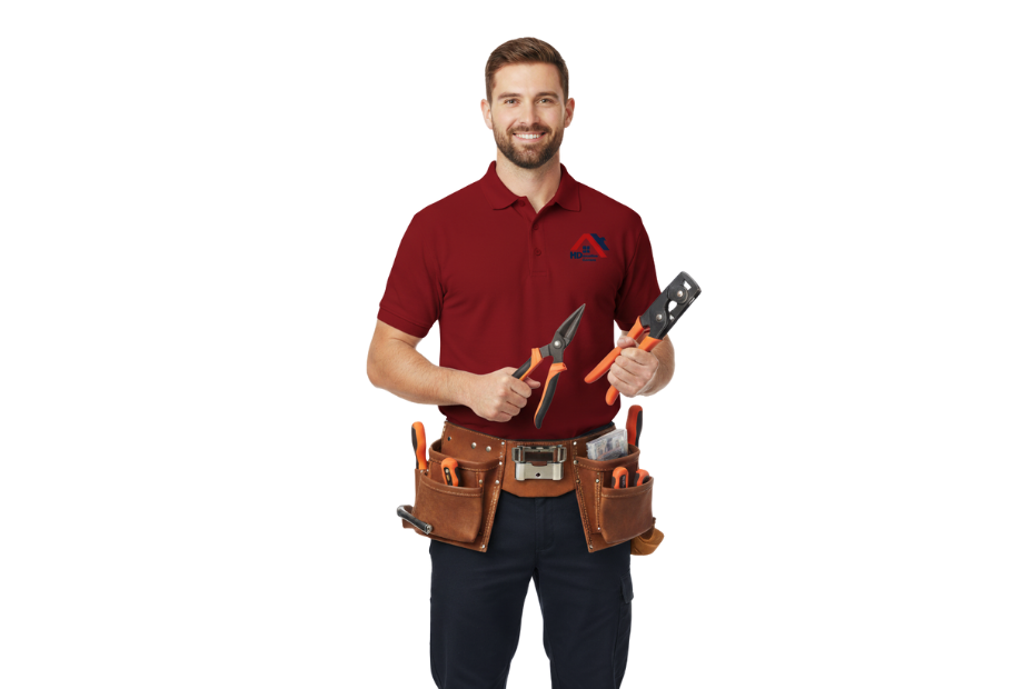 Smiling electrician in red polo and tool belt, holding pliers and wire strippers.