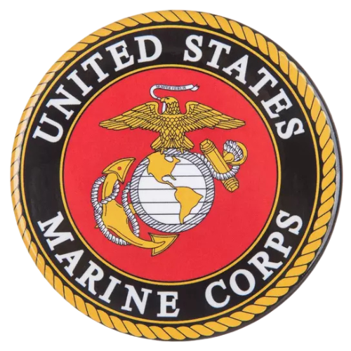 United States Marine Corps emblem: eagle atop globe, anchor, surrounded by text.
