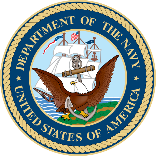 U.S. Department of the Navy seal: Eagle, anchor, sailing ship, and American flag within a blue and gold ring.