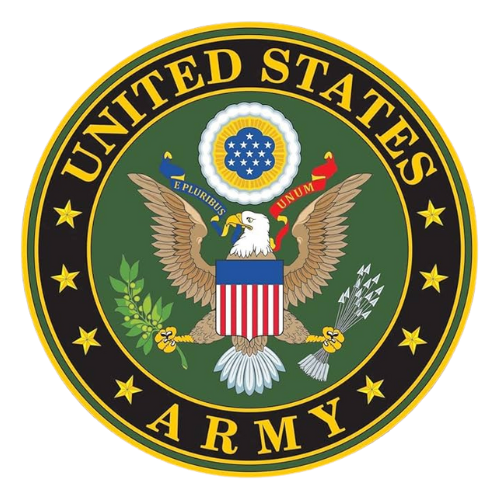 U.S. Army seal: Bald eagle with shield, holding arrows and olive branch, surrounded by text and stars.