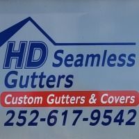 Logo for HD Seamless Gutters, blue and white with red accents; lists phone number.