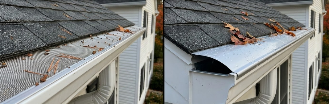 Side-by-side comparison of a mesh gutter guard allowing debris buildup versus a solid hood deflecting leaves.