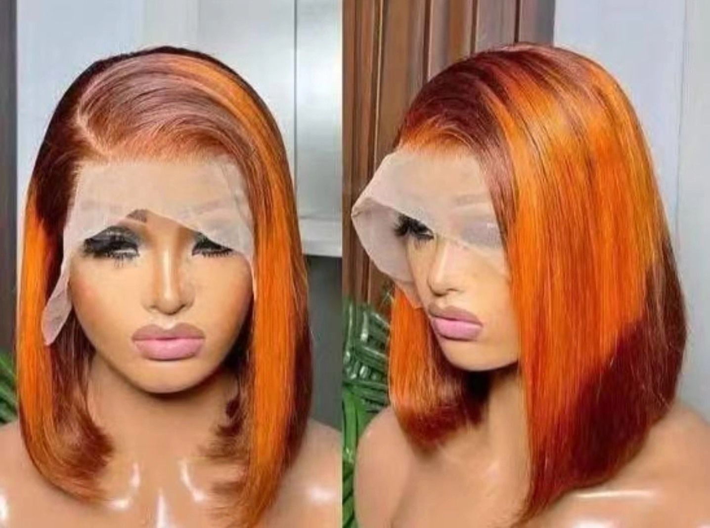 Two side-by-side salon photos of a person wearing an orange bob wig and pale lace front closure.