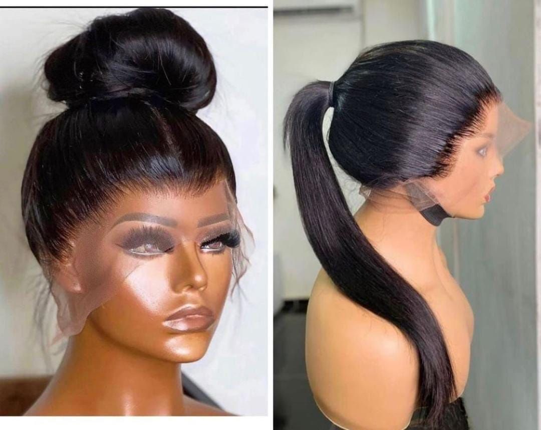 Two hairstyles: a high bun with bangs and a sleek high ponytail with long straight hair.