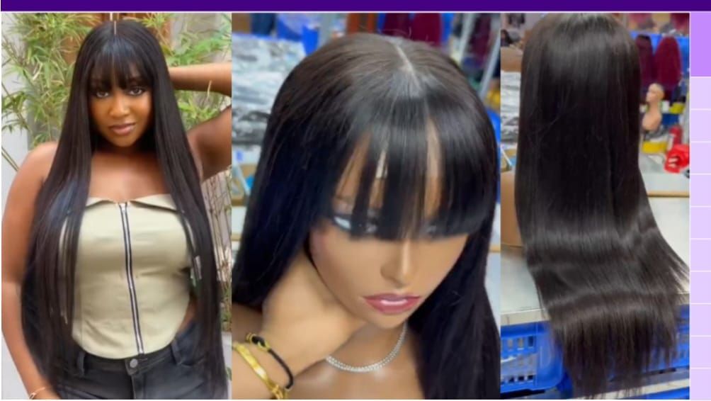 Collage of a long, straight black wig shown on a model and from the back, with blunt bangs and glossy strands