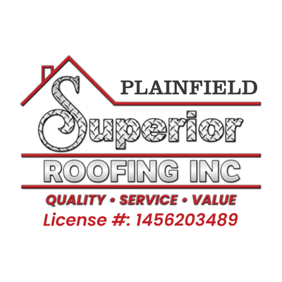 Plainfield Superior Roofing Inc logo in red, black, and white with quality service value and license number.