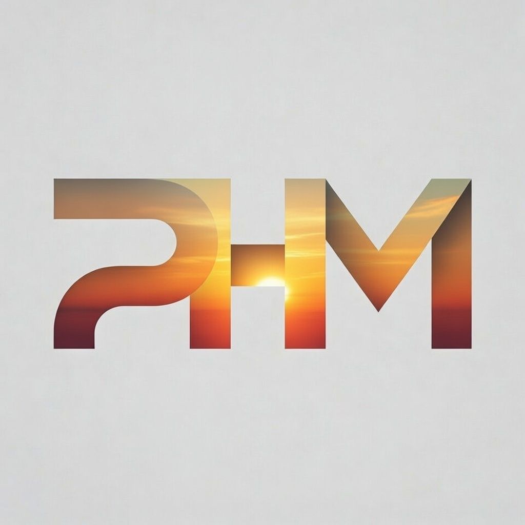 Stylized “PHM” logo with a sunset gradient on a light gray background