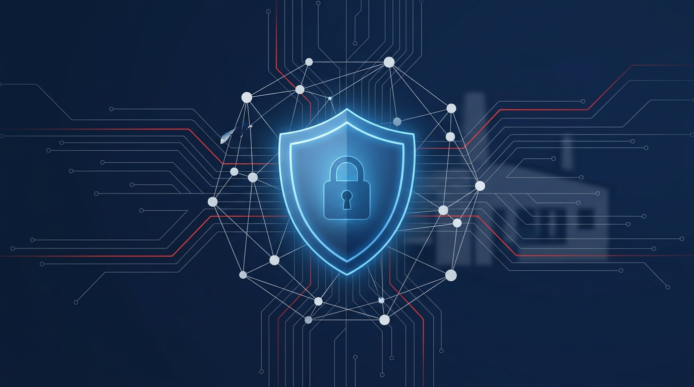 Glowing blue security shield with lock icon surrounded by network nodes and circuit lines on navy bg