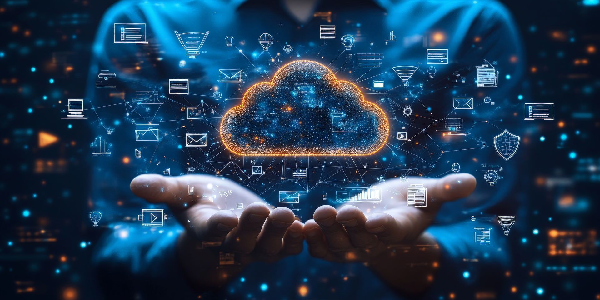 Managed IT Network Services concept with digital cloud icon floating above hands. Managed IT Network Services concept with digital cloud icon floating above hands.