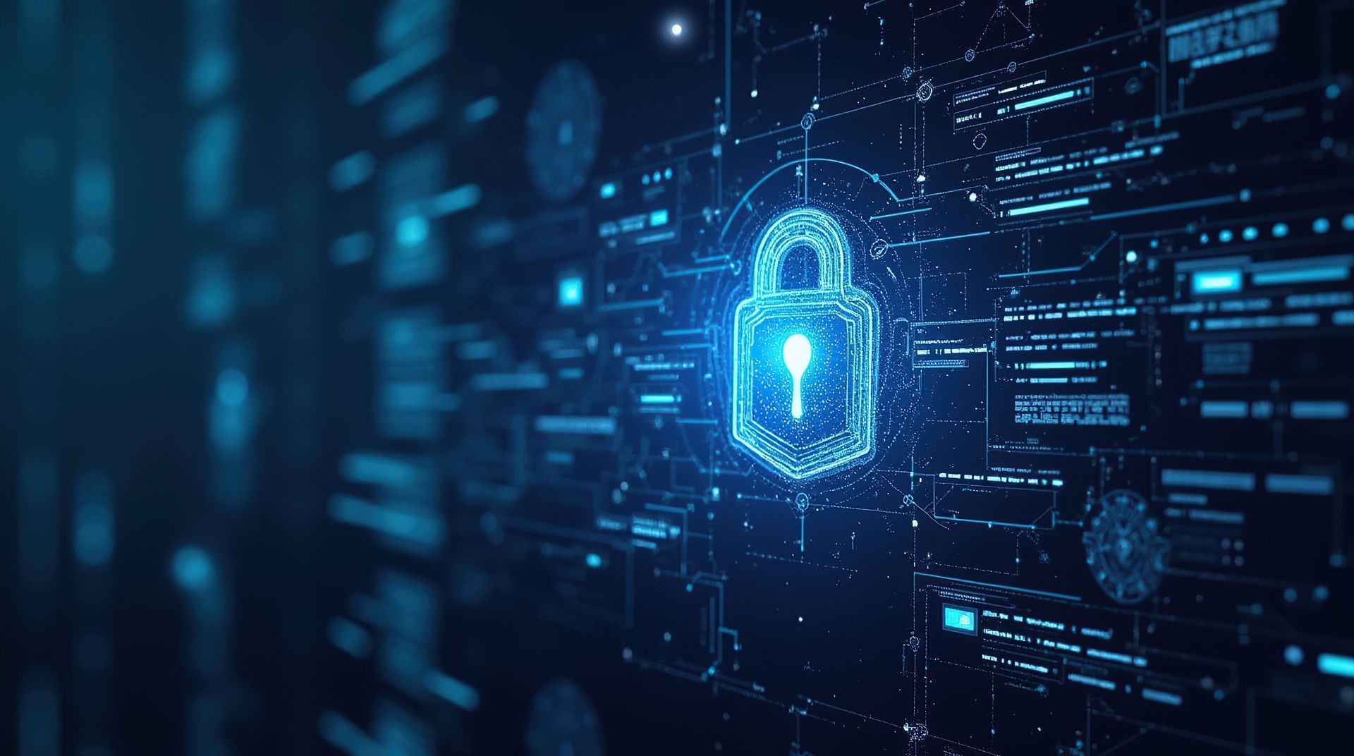 Futuristic interface with advanced network security protocols and digital protection.