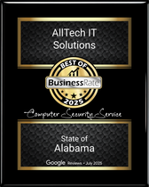 AllTech IT Solutions awarded “Best of BusinessRate 2025” for Computer Security Service in Alabama, based on Google reviews (July 2025)