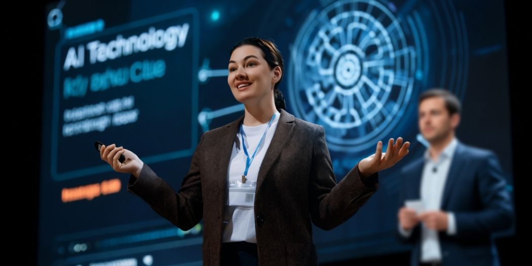 Woman giving presentation about AI technology. Blue screen with graphic background, man standing beside her.