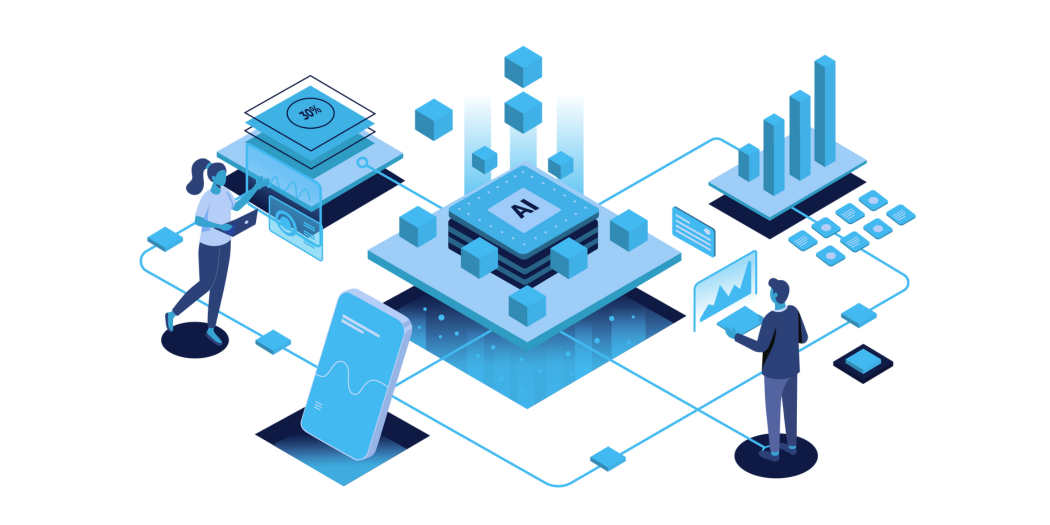 illustration of data processing - people at work interacting with digital devices connected to a central data hub, visualising data.