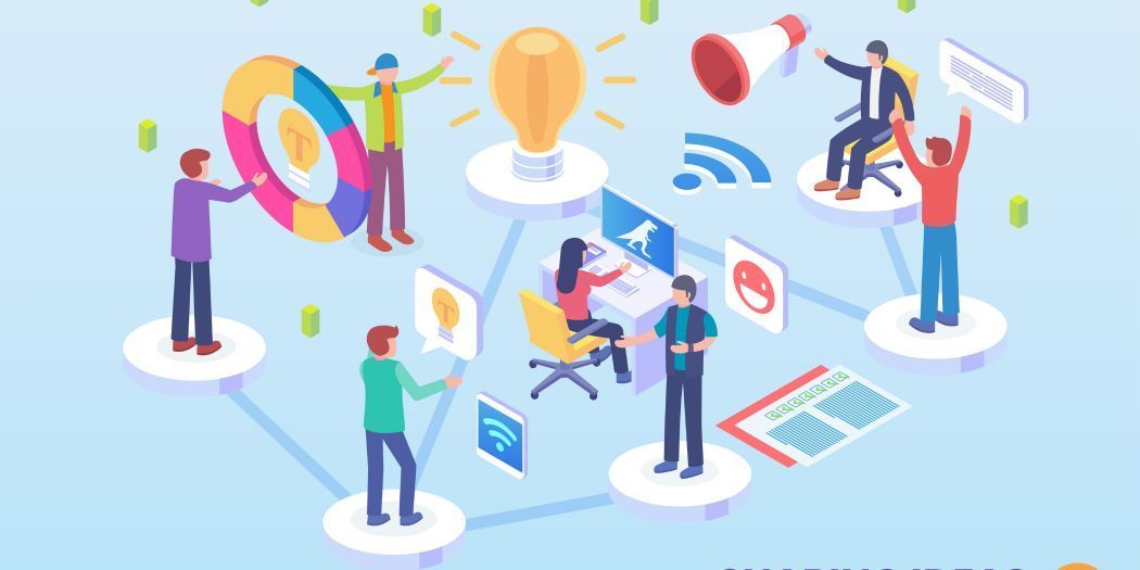 Isometric illustration of team working on ideas and solutions