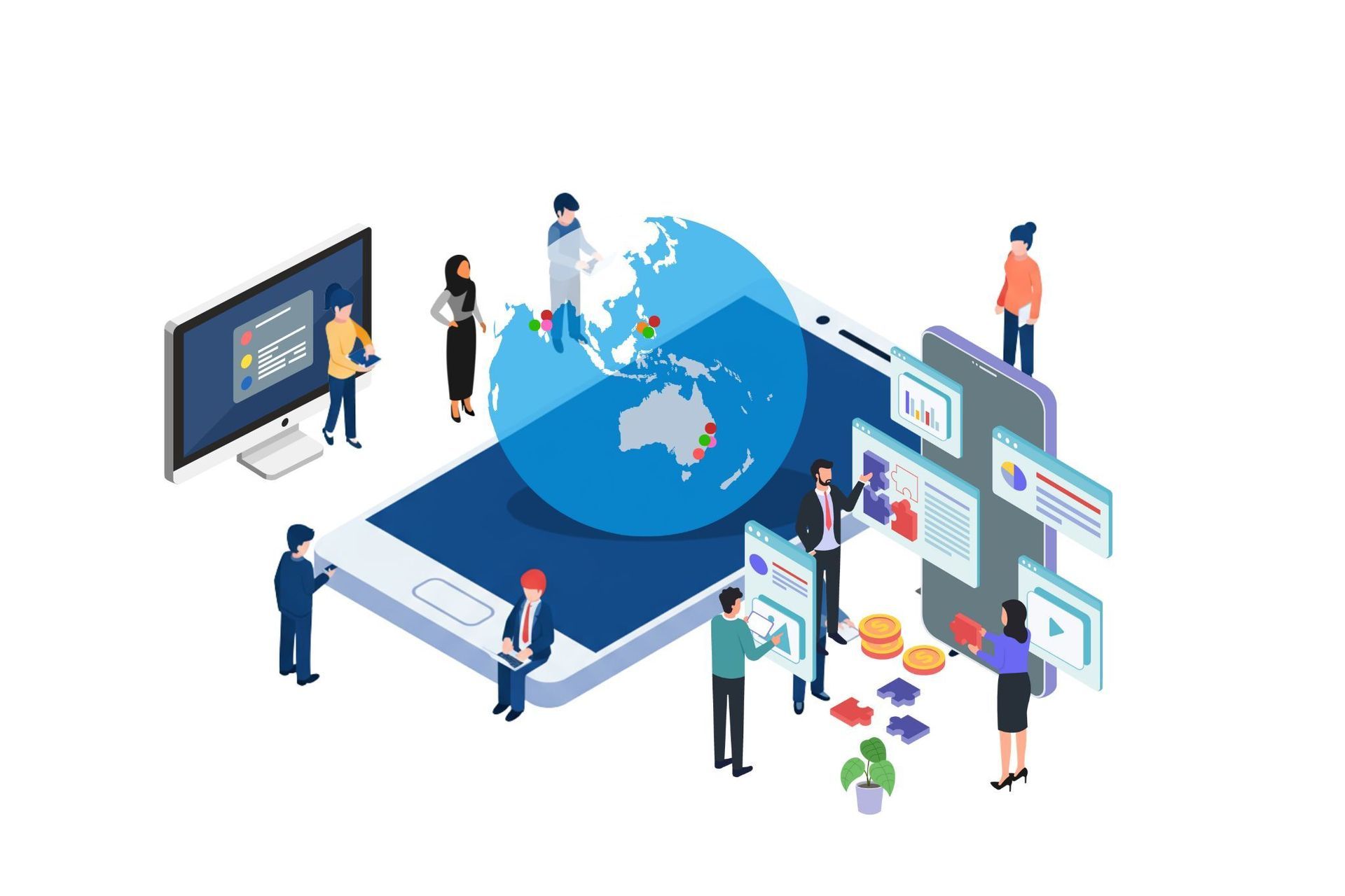 People interacting with a giant smartphone, globe, and computer screen, suggesting global online business.