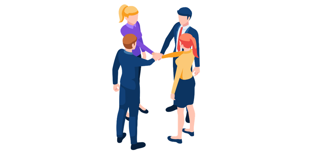 Four people in business attire joining hands in a circle, symbolising success and teamwork.