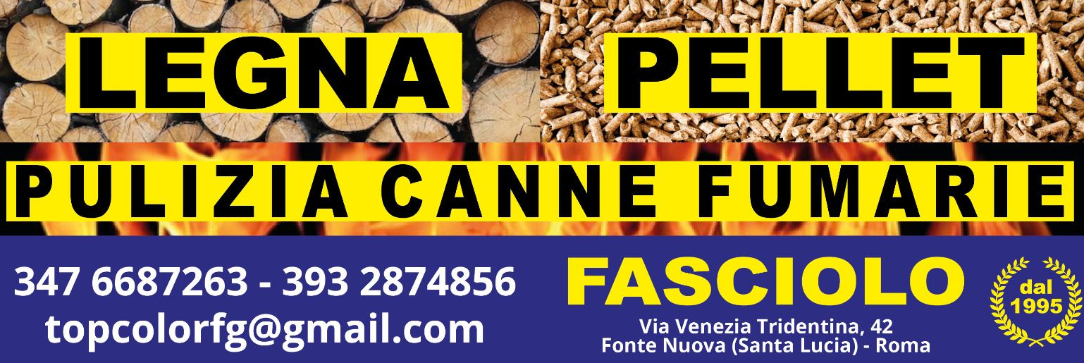 Pubblicità per Legna, Pellet e pulizia camini, con numeri di telefono, e-mail e nome dell'azienda.