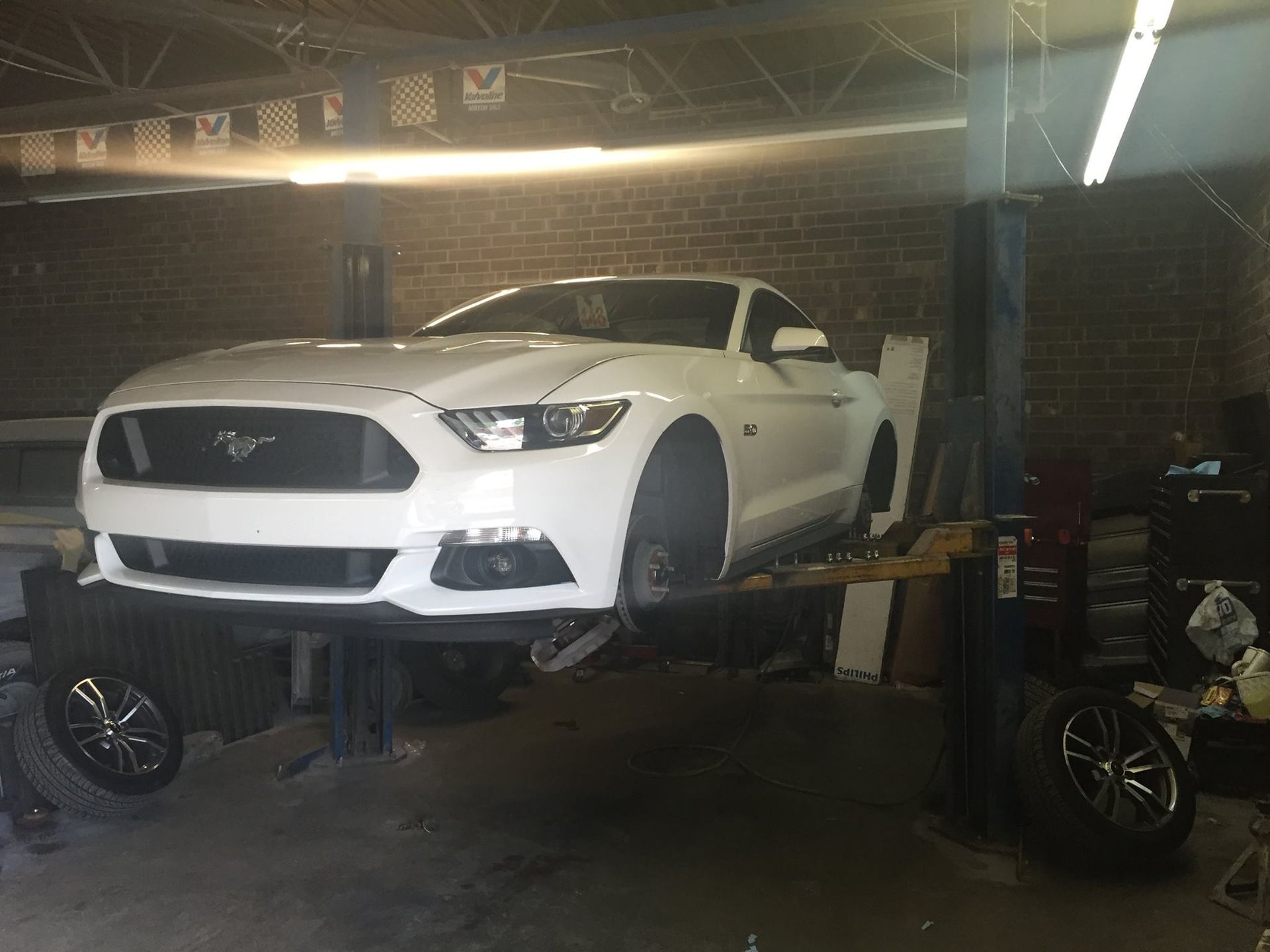 White Ford Mustang on a car lift in a garage, with front wheels removed.