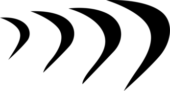 Four black curved shapes, progressively larger, angled right.