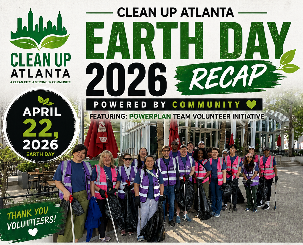 Clean Up Atlanta Earth Day 2026 recap poster with volunteers posing outdoors and event dates highlighted